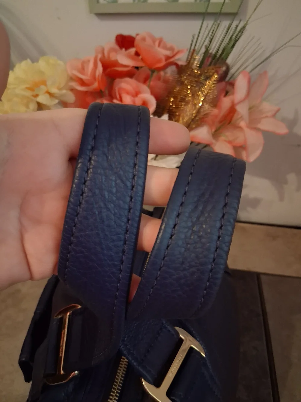 Michael Kors Navy Leather Slouchy Barrel Bag with Gold Hardware